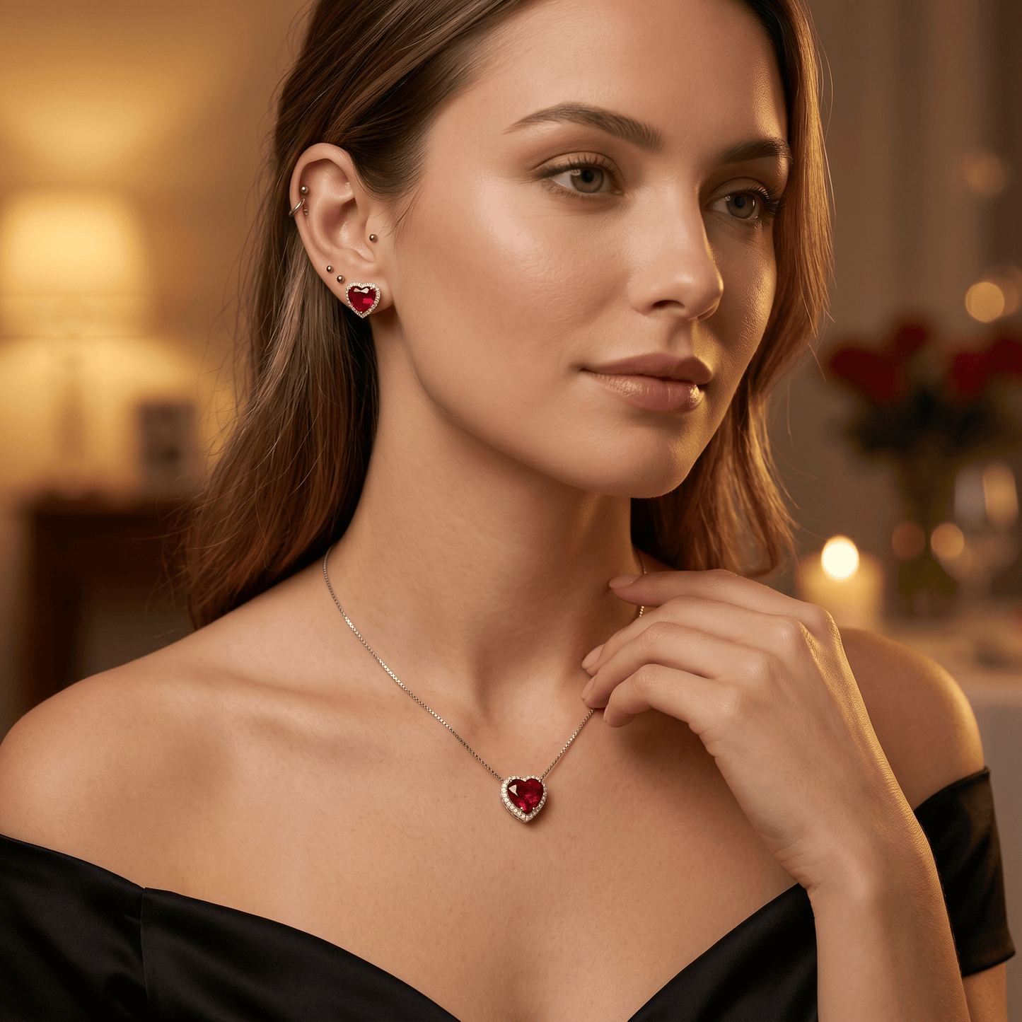 Conjunto coração Rubi Prata 925