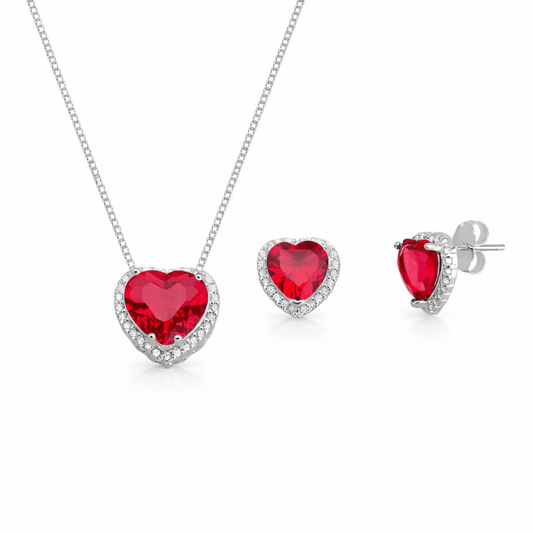 Conjunto coração Rubi Prata 925
